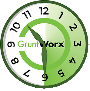 Clip art image of a GruntWorx branded clock with 30 minutes highlighted to denote time